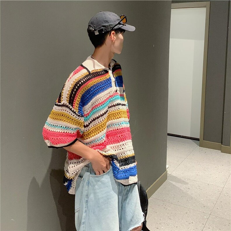 日系复古镂空针织条纹翻领POLO衫短袖夏季小众设计感情侣男女T恤,男装T恤,星座410-7