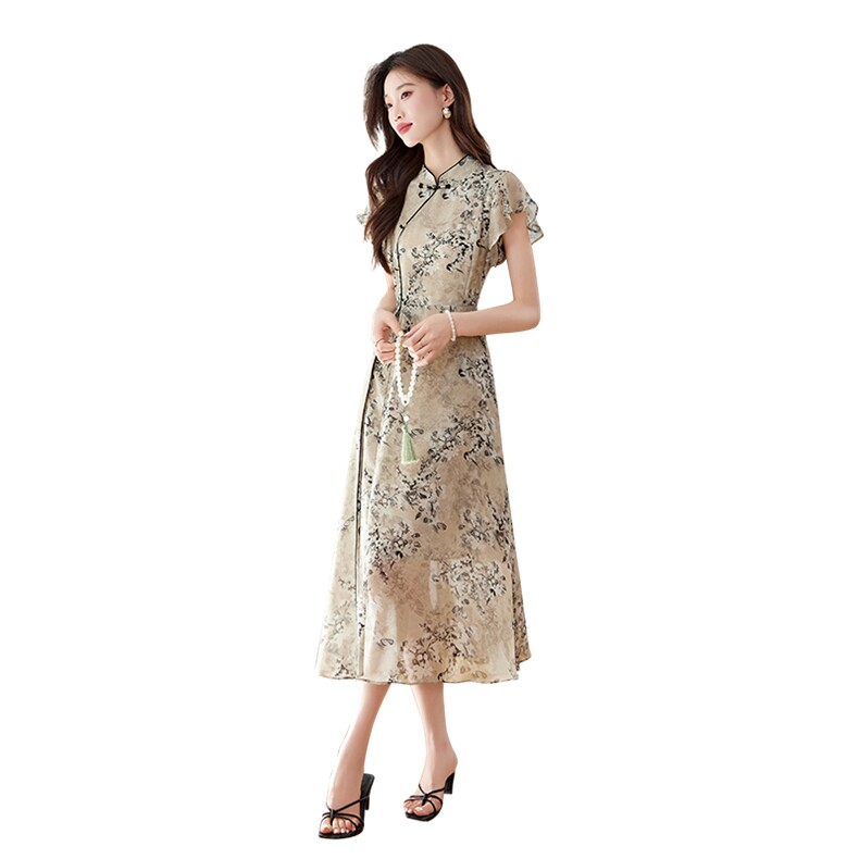 新中式国风改良旗袍女2025夏季新款复古印花优雅气质修身显瘦长裙,女装连衣裙,自然秀