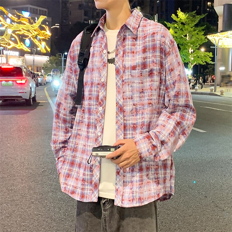 控价69港风格子衬衫宽松外套男女衬衣百搭格子外套CS2427P45,男装衬衫,电商A128