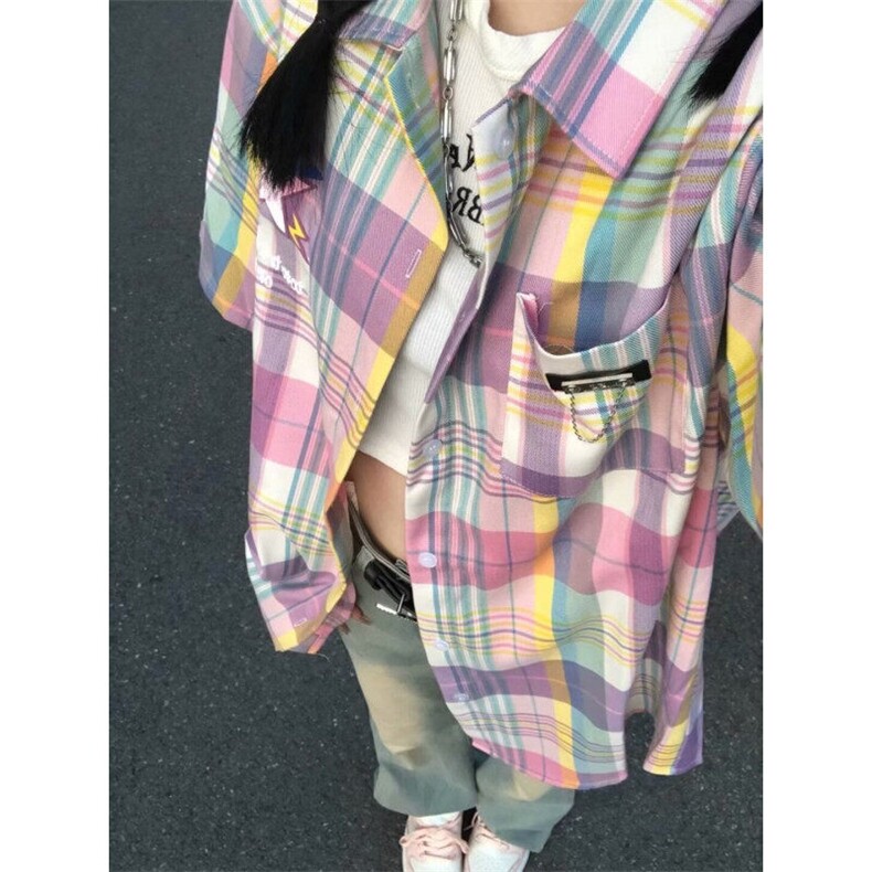 D5231-P38潮彩色格子衬衫男女百搭宽松潮牌夏季半袖-网图现货,男装衬衫,星座603-2