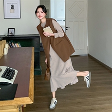 卡其色休闲减龄连衣裙套装女2025春季新款韩版显瘦马甲长裙两件套，女装套装/套裙，2C115