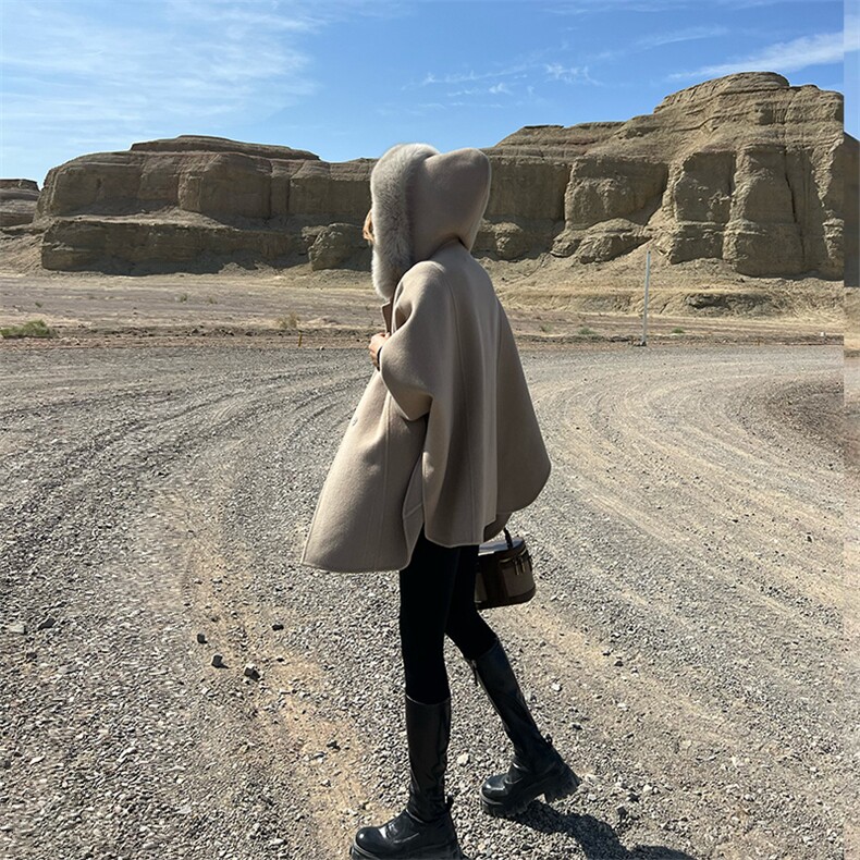 魔女斗篷！奢华狐狸毛领双面纯羊毛大衣女气质秋冬高端羊绒呢外套,女装双面呢大衣,蒙绒特