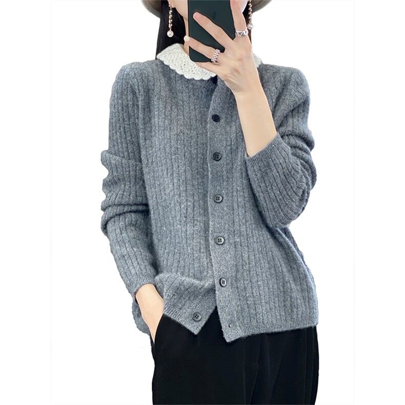女士白色娃娃领羊毛开衫羊毛简约时尚,女装羊毛衫,臻维羊绒