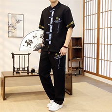 潮风套装男新中式短袖衬衫时尚休闲长裤两件套JZ303-P63，男装T恤，星座310B-3
