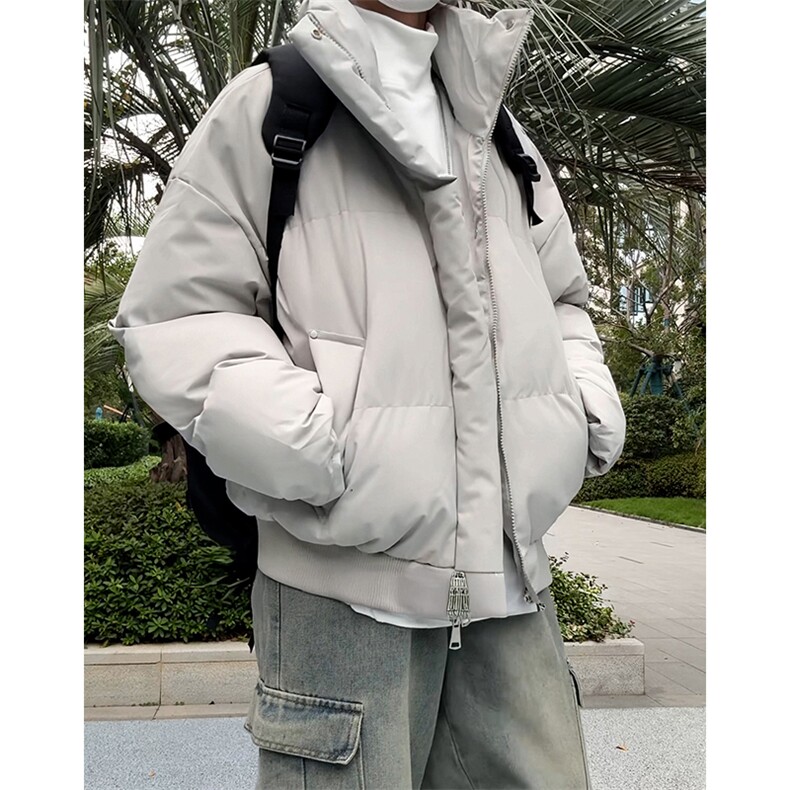 现货5W件冬季三防美式重磅硬挺boxy羽绒纯色立领棉衣外套加厚棉服,男装棉衣,电商A486