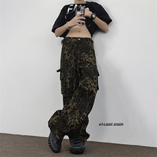 美式潮牌复古豹纹直筒休闲裤男潮牌宽松小众阔腿长裤N01733-P63，男装牛仔裤，星座308B-1