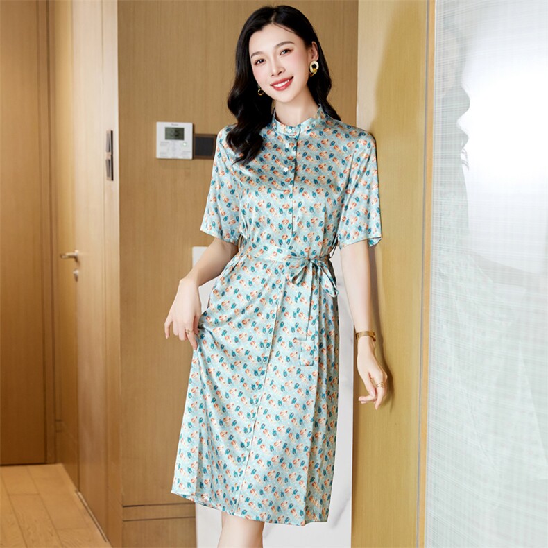 端庄大气碎花真丝连衣裙女中长款夏季2024新款超好看桑蚕丝裙子夏,女装连衣裙,阿舍尔精品