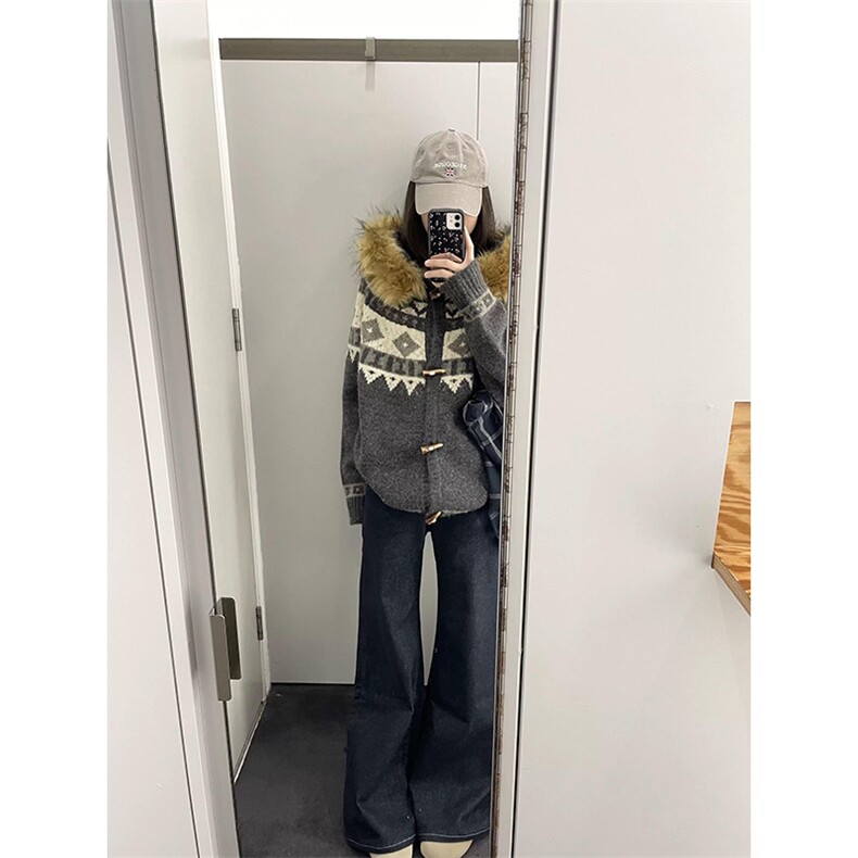 重磅北极绒座山雕大毛毛领毛衣外套冬美式复古休闲慵懒风针织开衫,男装针织衫/毛衣,电商A486-1