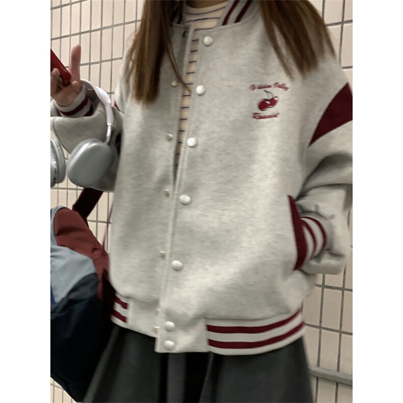 J9855-P60美式复古星空呢子樱桃刺绣+PU皮袖立领棒球服,女装职业装,星座617A-2