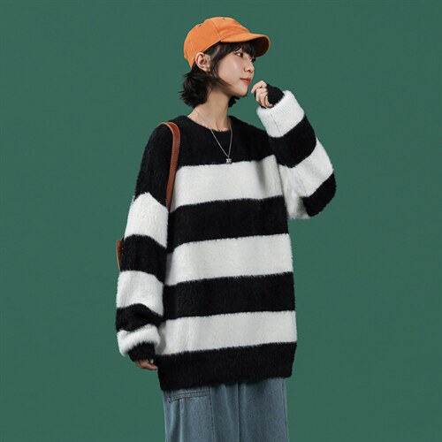 2025秋冬新款中性风条纹破洞大码宽松毛衣 A071-8805-P70图片