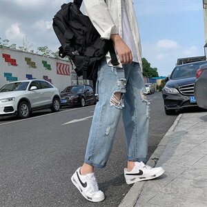 夏季浅色破洞牛仔裤男士宽松潮流百搭九分直筒休闲裤子B图片