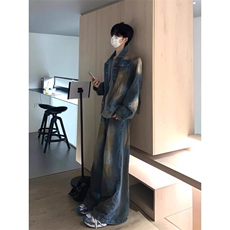 美式短款牛仔外套男高级感痞帅设计感水洗做旧脏染垫肩牛仔衣夹克，男装工装外套，星座908-1