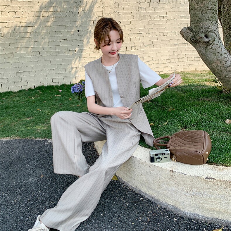 巨好看休闲气质条纹西装马甲套装女夏2025新款高级感阔腿裤三件套,女装套装/套裙,2C262