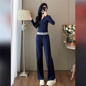 高品质时尚气质减龄套装女初秋新款拼接假两件上衣阔腿长裤两件套图片