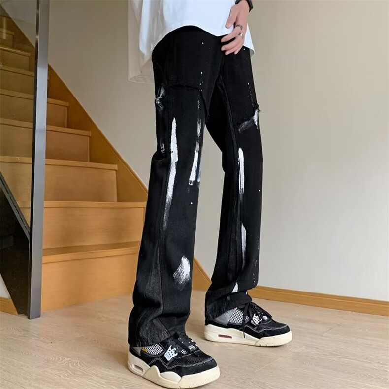 欧美高街水洗泼墨拼接牛仔裤男潮牌vibe风个性直筒宽K5149-P55,男装牛仔裤,星座1109-3