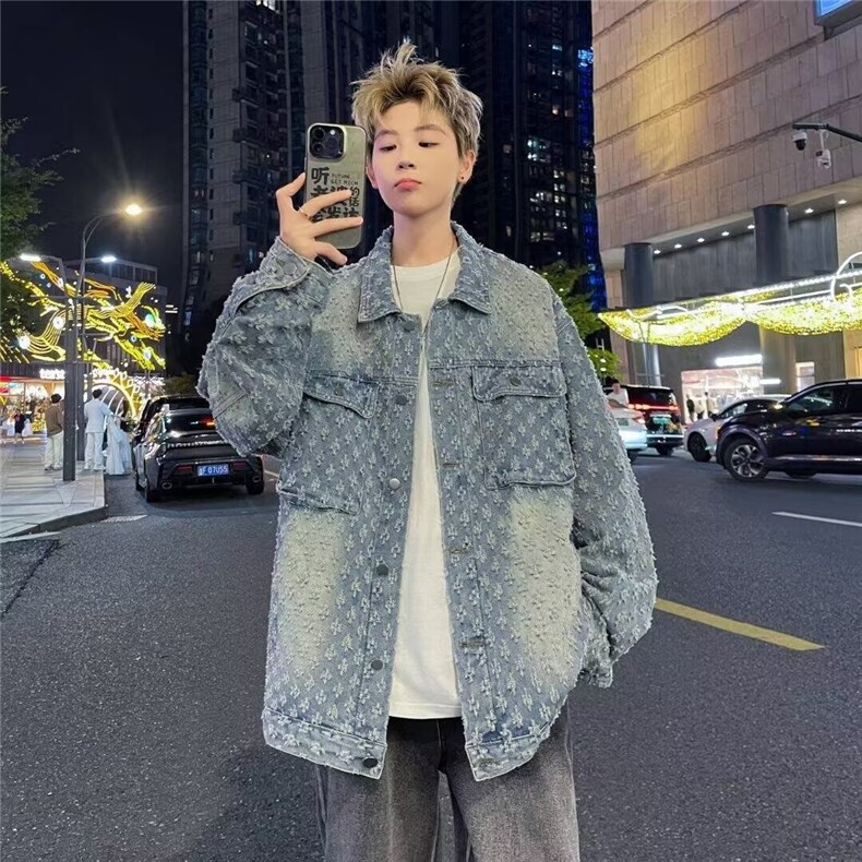 美式复古机车立领刺绣水洗牛仔夹克男女春秋潮街头嘻哈上衣外套,男装夹克,星座715-4