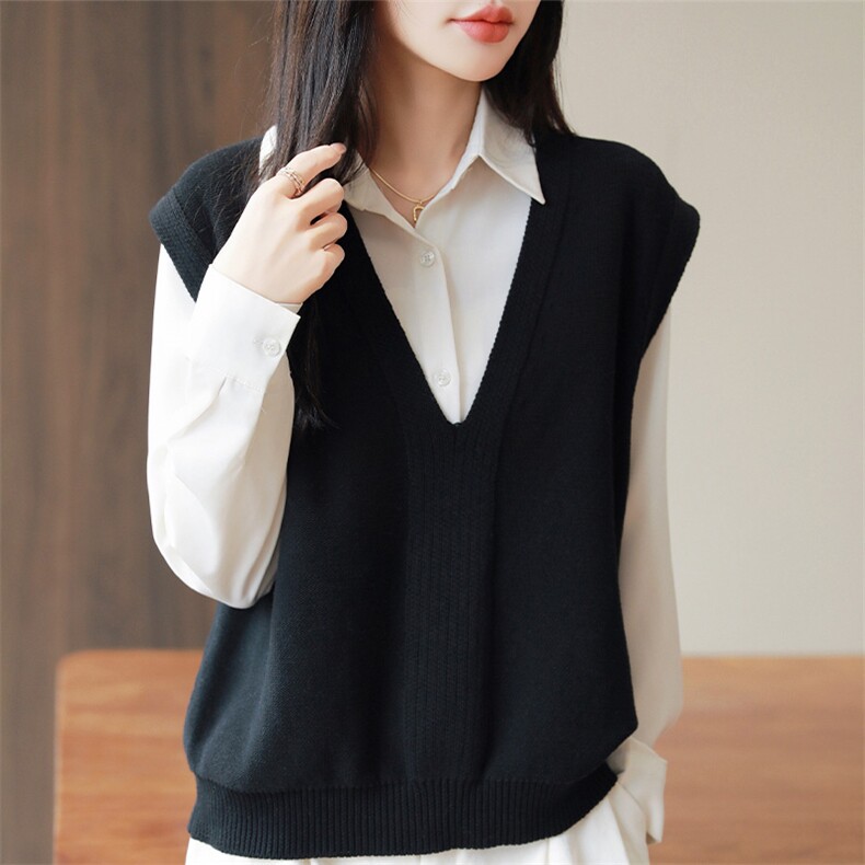 法式叠穿纯棉线针织坎肩马甲女套头无袖毛衣2025春秋保暖背心上衣，女装针织衫/毛衣，丹芙娇羊绒