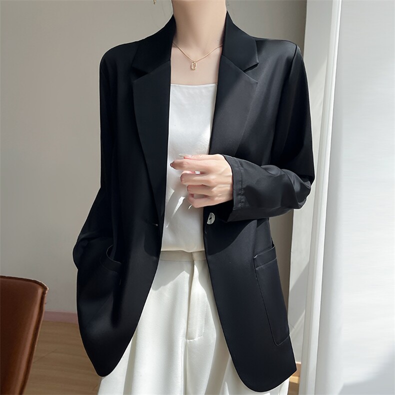 2025新款醋酸缎面纯色开衫女宽松百搭洋气上衣薄款长袖西装外搭,女装短外套,暖习羊绒