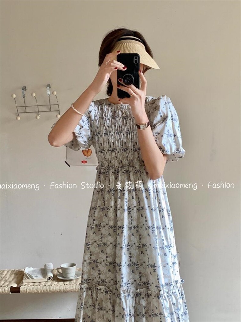 韩版碎花长款连衣裙，女装连衣裙，麦筱萌