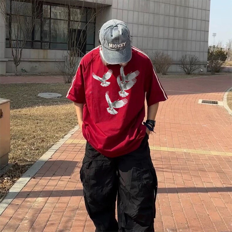 抖音得物高品质二开240克宽松纯棉美式潮牌三条杠织带短袖T恤,男装T恤,电商A486-1