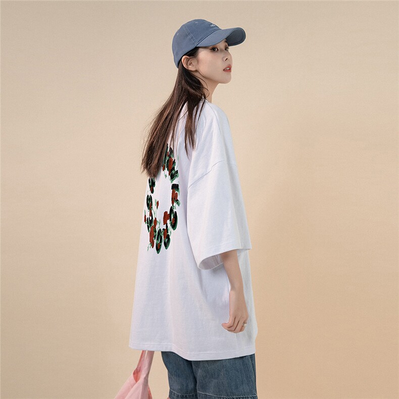 中性风春夏新款宽松玫瑰花朵印花休闲短袖T恤T6047P25控38,男装T恤,电商A268