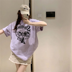 T0710-P25 紫罗兰超显白 学生情侣 美式复古纯棉印花短袖图片