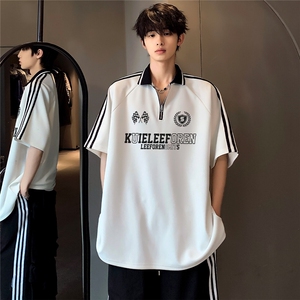 黑白拼接小众美式复古POLO衫半拉链街头短袖T恤男女同款T74-P38图片