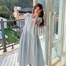 浅蓝色泡泡袖连衣裙女2025夏季新款设计感小众宽松公主裙a字裙潮，女装连衣裙，2C317A