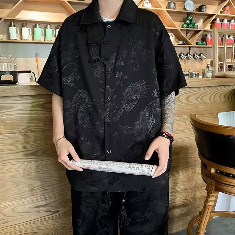 新中式风套装男龙纹衬衫短袖裤子2025新款男装XZ212-QTZ02-P65,男装T恤,星座212