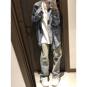 有货cleanfit蓝格子衬衫设计感高级长袖衬衣美式复古CS691LL-P50图片