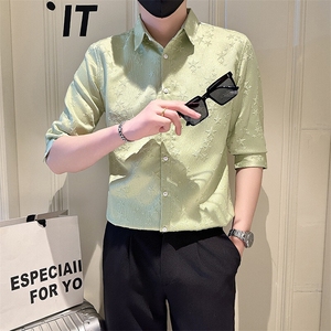 店主风社会小伙男纯色花泡七分袖衬衫男上衣301A-1/CS561/P55图片