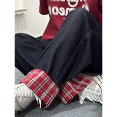 【有货】美式格子拼接卷边牛仔裤男女阔腿裤子高街NZ011WW-特P48，男装牛仔裤，星座1007（原301D）