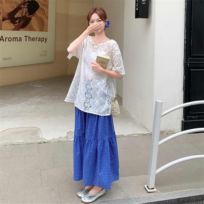 后背开叉蕾丝T恤格子半身裙套装女夏巨好看松驰感两件套爆款减龄,女装套装/套裙,欧黛芙妮