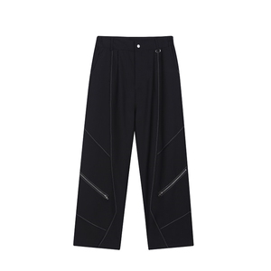 山本暗黑个性拉链长裤男毛边切割拼接明线设计直筒长裤男110P85图片