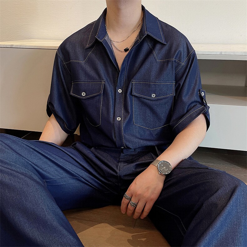 夏季垂感抗皱天丝牛仔短袖衬衫套装高级衬衣裤子两件套TZ258-P140图片