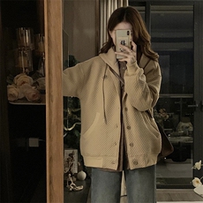 A339-P98军绿色华夫格oversize连帽棒球服春秋设计感新款外套，女装短外套，星座911