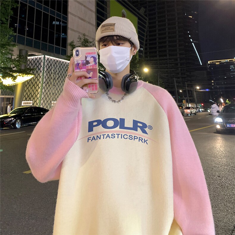 港风夜景 宽松时尚撞色插肩袖字母印花圆领毛衣M81003特批55控88图片