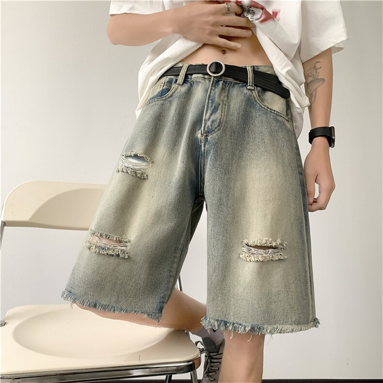 美式vibe高街水洗破洞牛仔短裤男夏季设计感过膝五分裤D9144-p36，男装牛仔裤，星座1008