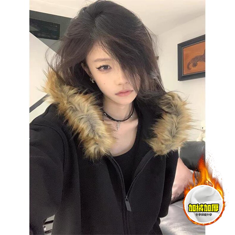 480G重磅加绒硬挺boxy秋冬美式高街超大毛领座山雕连帽卫衣厚外套,女装短外套,电商A486