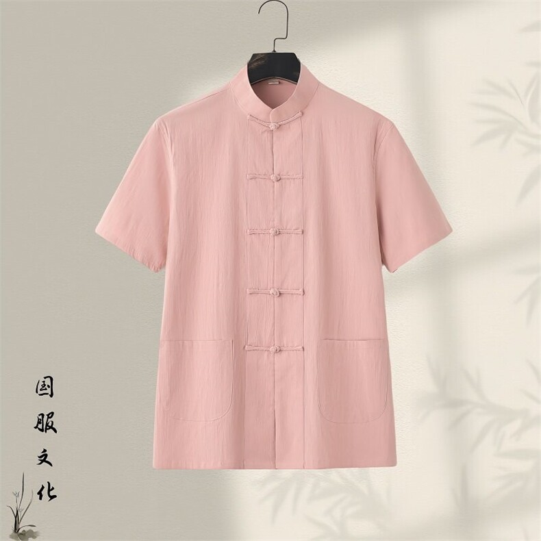 夏季大码盘扣棉麻短袖衬衫新中式风纯色复古微领衬衣GF2501-P55,男装衬衫,星座1105-3