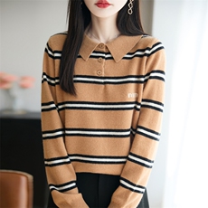 新款100纯羊毛衫女POLO领条纹打底宽松显瘦上衣秋冬撞色翻领毛衣，女装羊毛衫，大美人包芯纱店