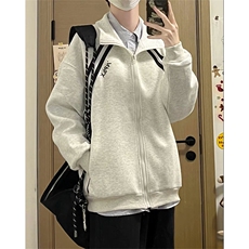 抖音得物高品质秋冬美式重磅结构织带撞色立领印花卫衣外套AW7004，女装短外套，电商A443
