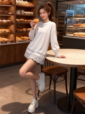 女秋季潮流时尚套装宽松显瘦圆领镂空拼接花边上衣牛仔短裤两件套，女装套装/套裙，江南