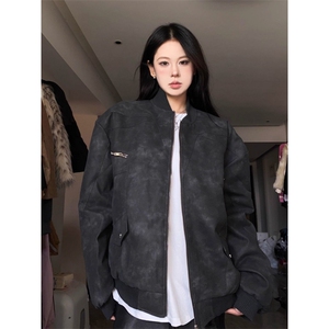 美式复古ins宽松棒球服外套秋冬新款百搭高级感PU皮机车夹克男女图片