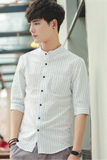 2022文艺条纹衬衫男短袖韩版潮流五分袖衬衣七分袖男士T11P40，男装T恤，电商B413