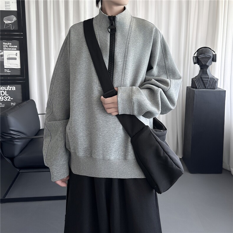 韩版解构设计灰色半拉链长袖套头卫衣男女同款RT327-P88，男装卫衣，星座1017