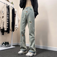 美式泼墨水洗牛仔裤男女宽松高街vibe风直筒长裤N0415-P50，男装牛仔裤，星座308B-1