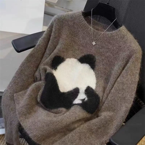重磅加厚100%纯羊毛衫女圆领熊猫提花拼色针织毛衣宽松羊绒衫打底图片