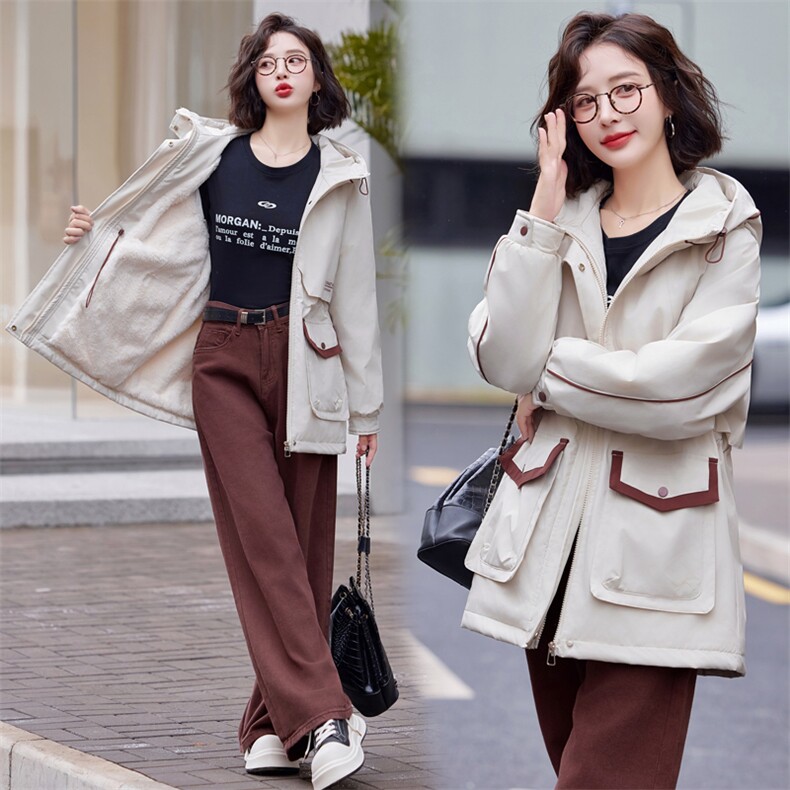 加绒保暖派克服棉衣女2024冬新款抽绳收腰显瘦中长款休闲棉服外套,女装棉衣/棉服,靓星雨