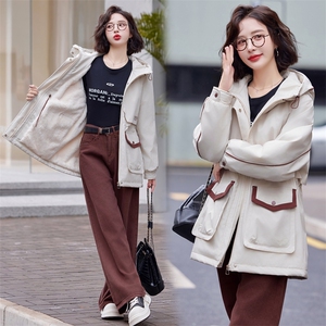 加绒保暖派克服棉衣女2024冬新款抽绳收腰显瘦中长款休闲棉服外套